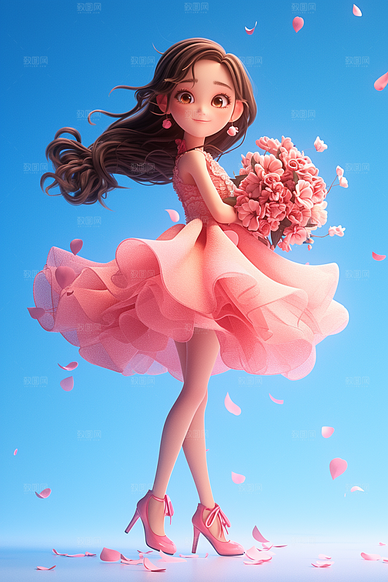 手捧鲜花的少女梦幻清新素材