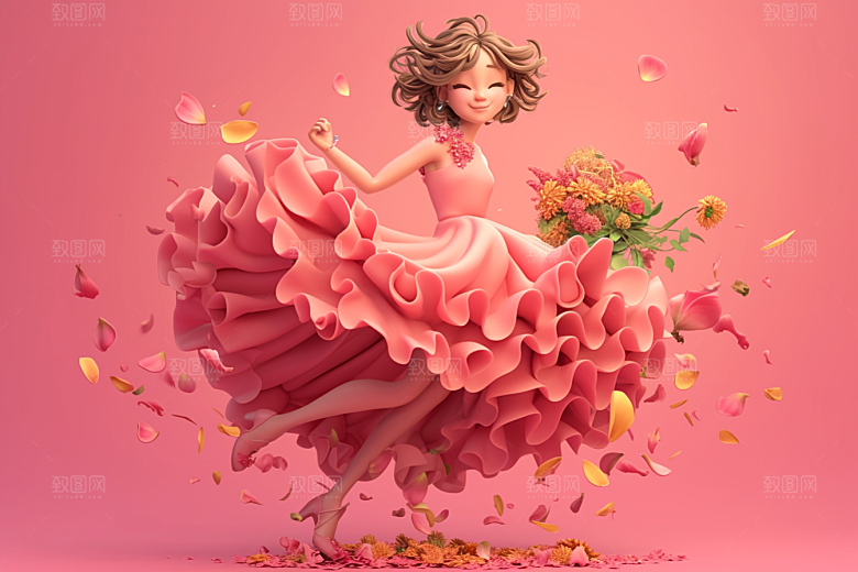 手捧鲜花的少女花朵春天素材