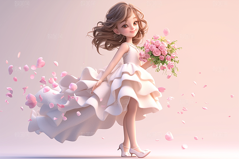 手捧鲜花的少女3D烂漫素材