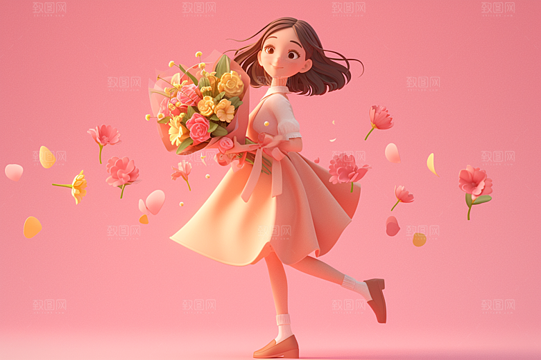 手捧鲜花的少女自然飞舞的裙摆素材