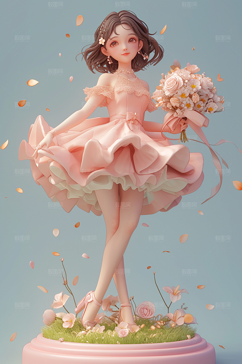 手捧鲜花的少女清新梦幻素材