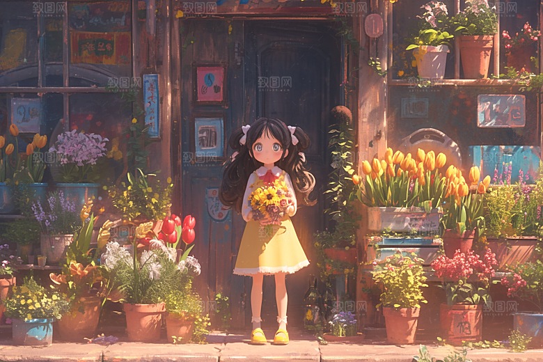 手捧鲜花的少女3D花朵素材