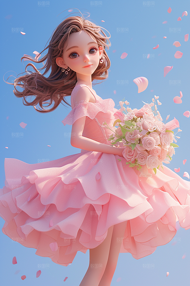 手捧鲜花的少女春天模型素材