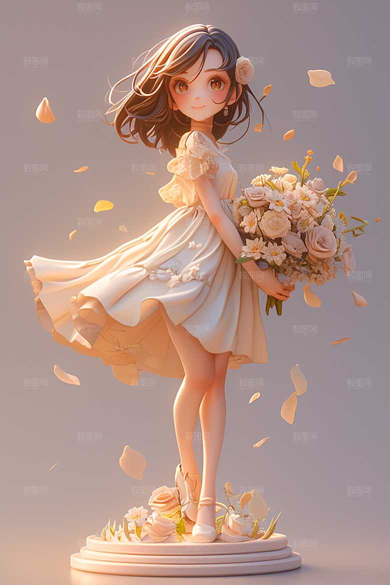 手捧鲜花的少女人物模型素材