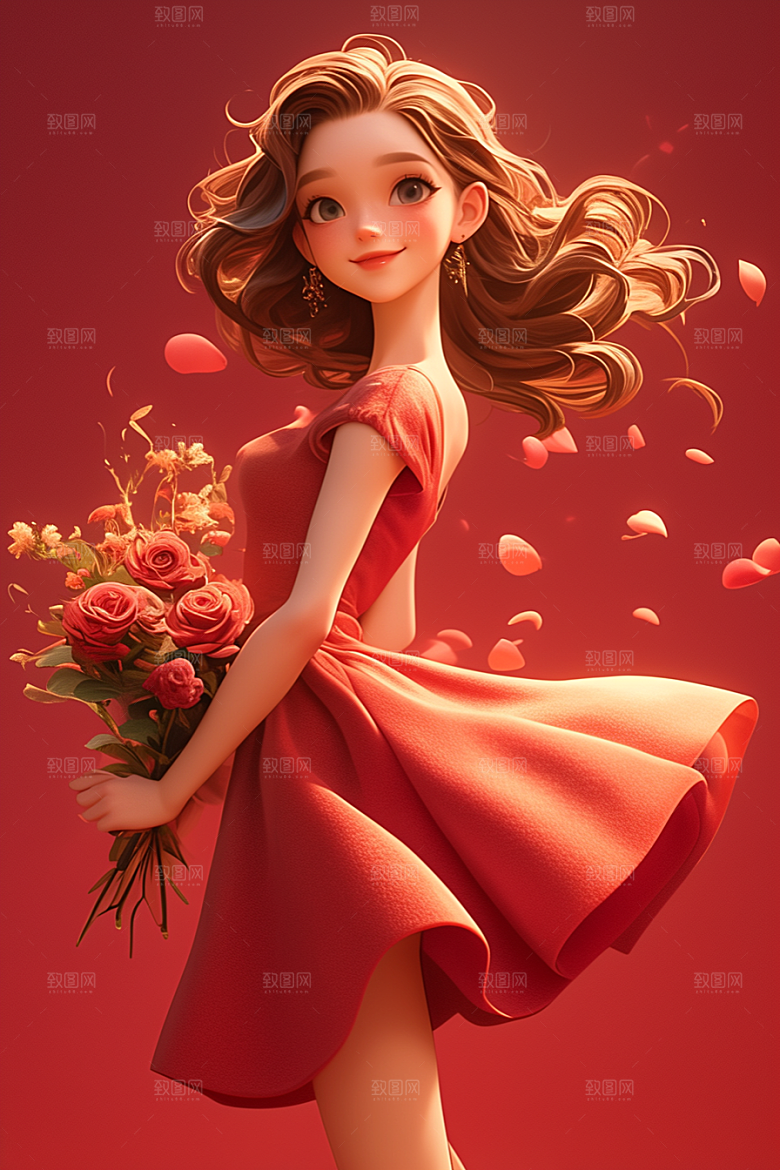 手捧鲜花的少女青春肖像素材