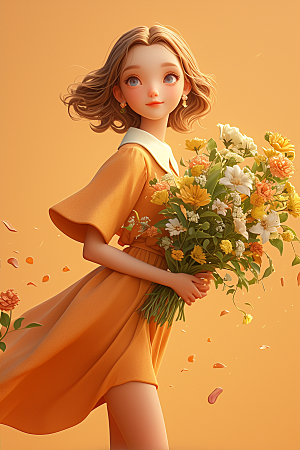 手捧鲜花的少女唯美飞舞的裙摆素材