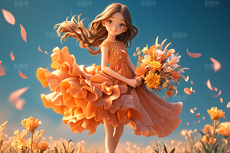 手捧鲜花的少女人物模型素材
