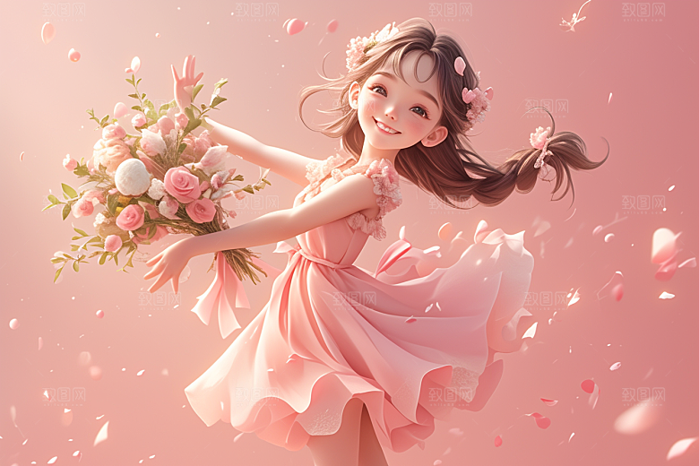 手捧鲜花的少女自然青春素材