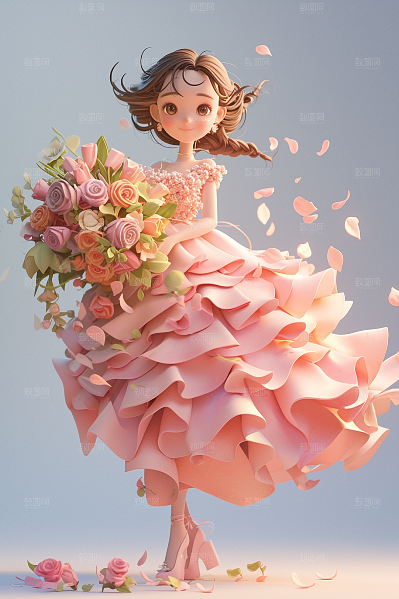 手捧鲜花的少女飞舞的裙摆梦幻素材