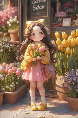 手捧鲜花的少女梦幻青春素材