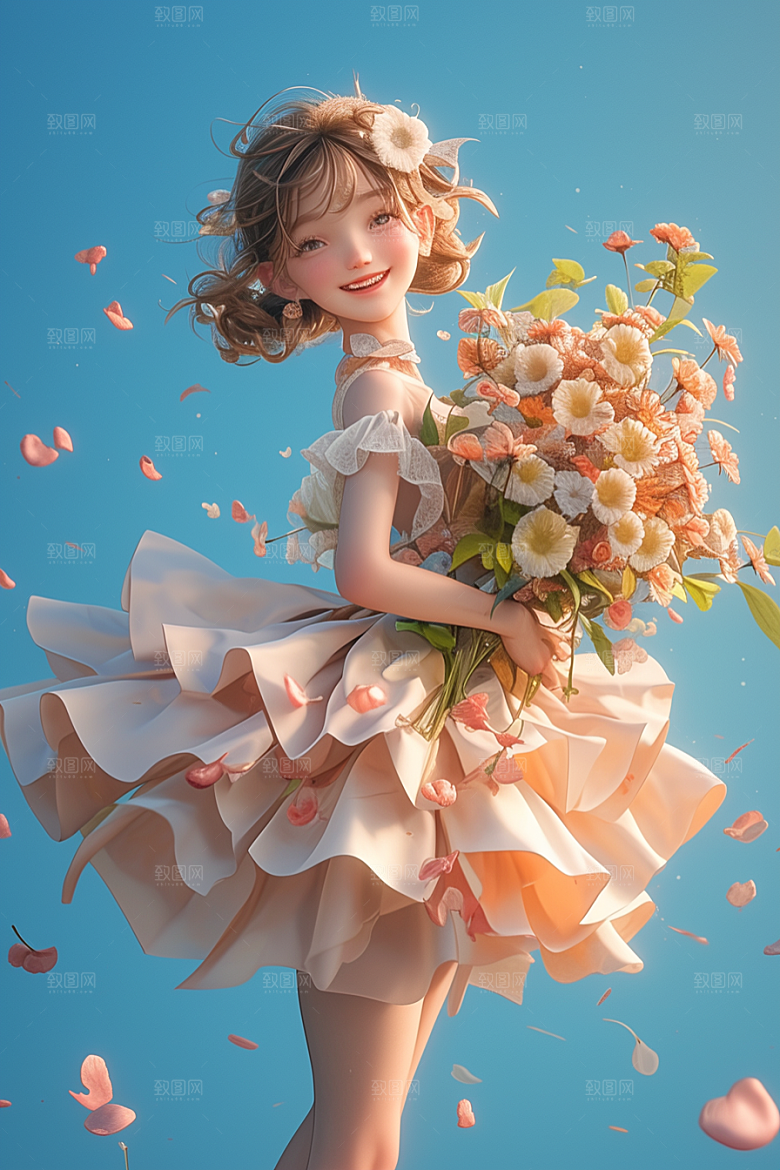 手捧鲜花的少女肖像模型素材