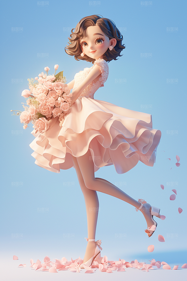 手捧鲜花的少女烂漫梦幻素材