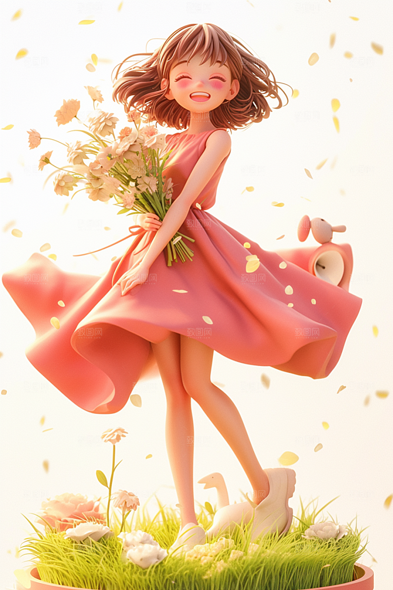手捧鲜花的少女梦幻青春素材