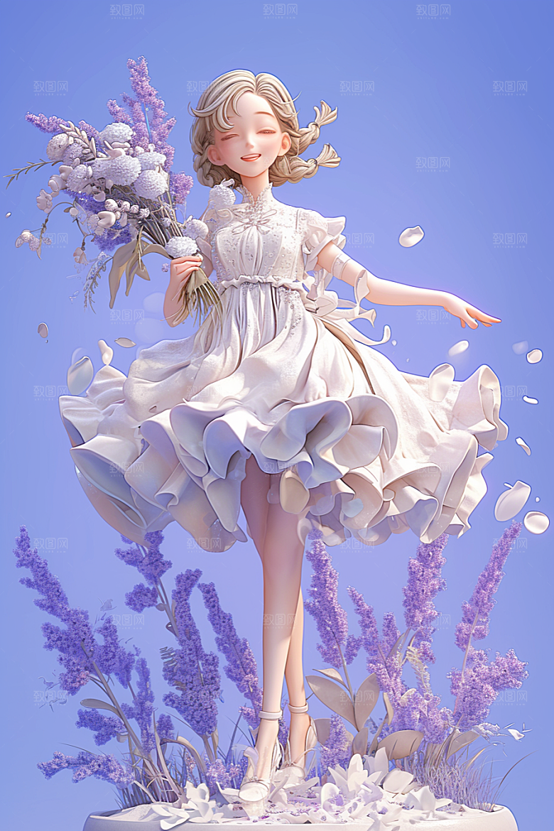 手捧鲜花的少女春天唯美素材