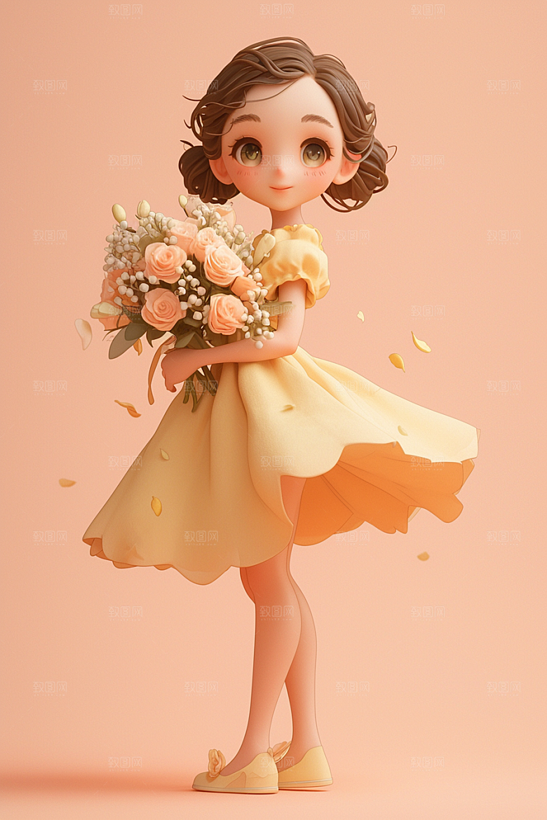 手捧鲜花的少女立体人物素材