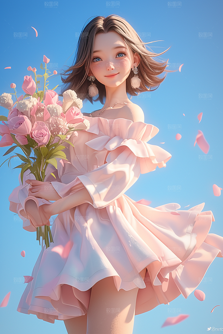 手捧鲜花的少女青春春天素材