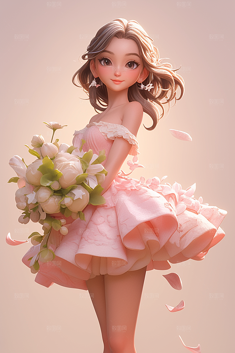 手捧鲜花的少女立体春天素材