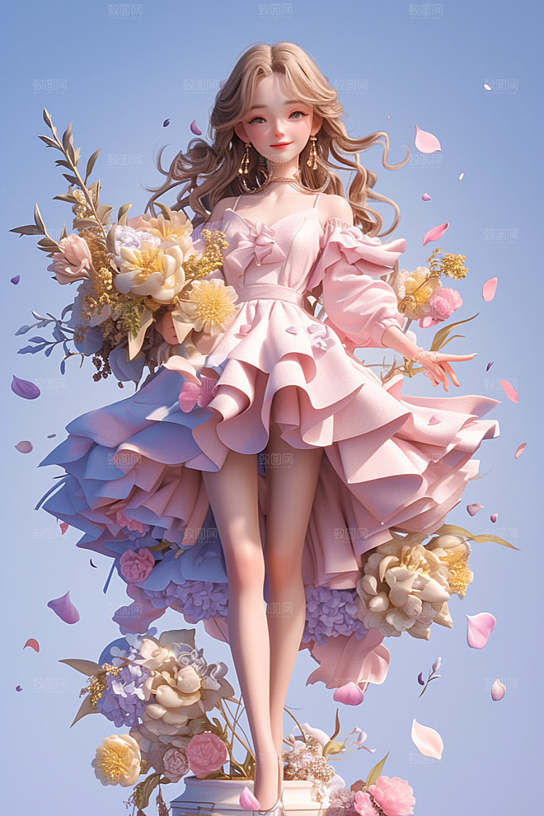 手捧鲜花的少女肖像3D素材