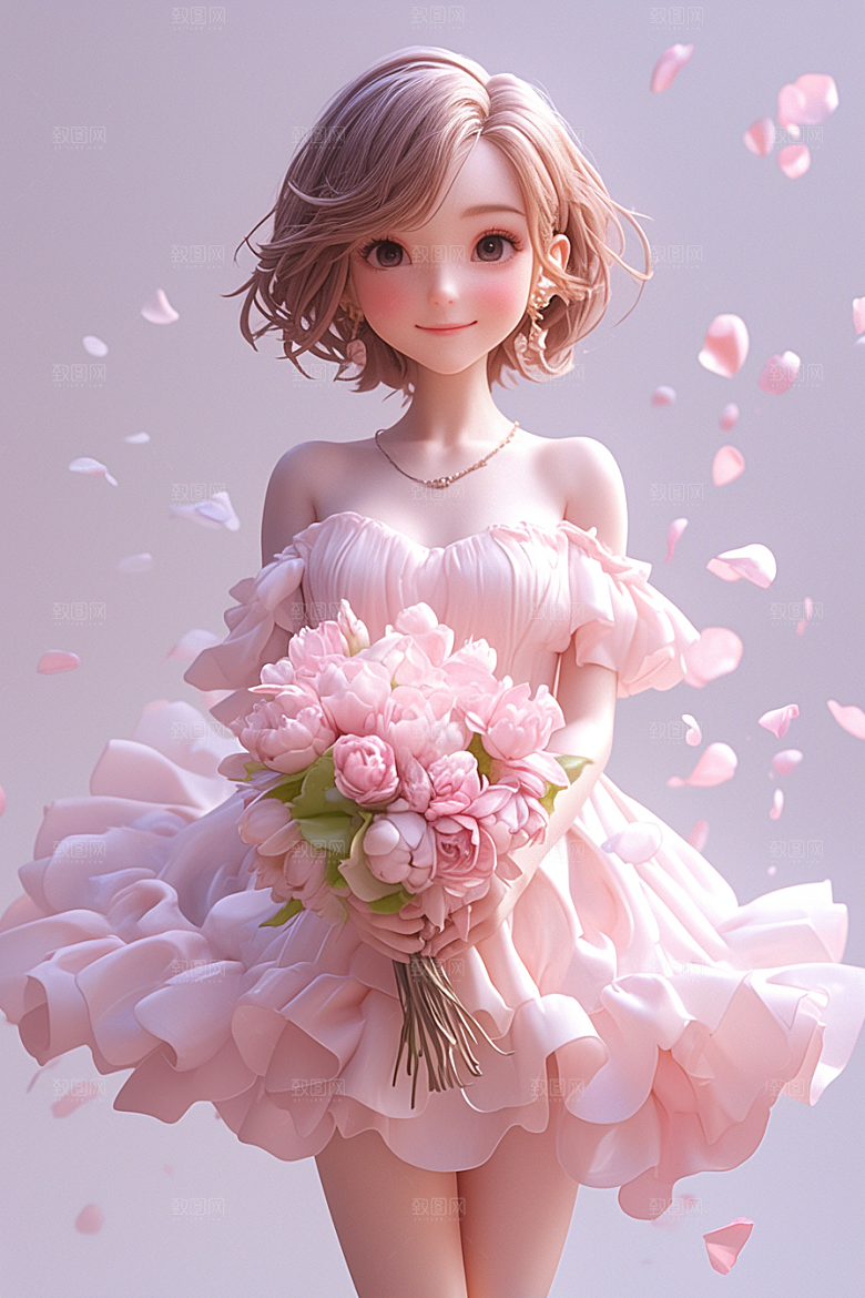 手捧鲜花的少女烂漫梦幻素材