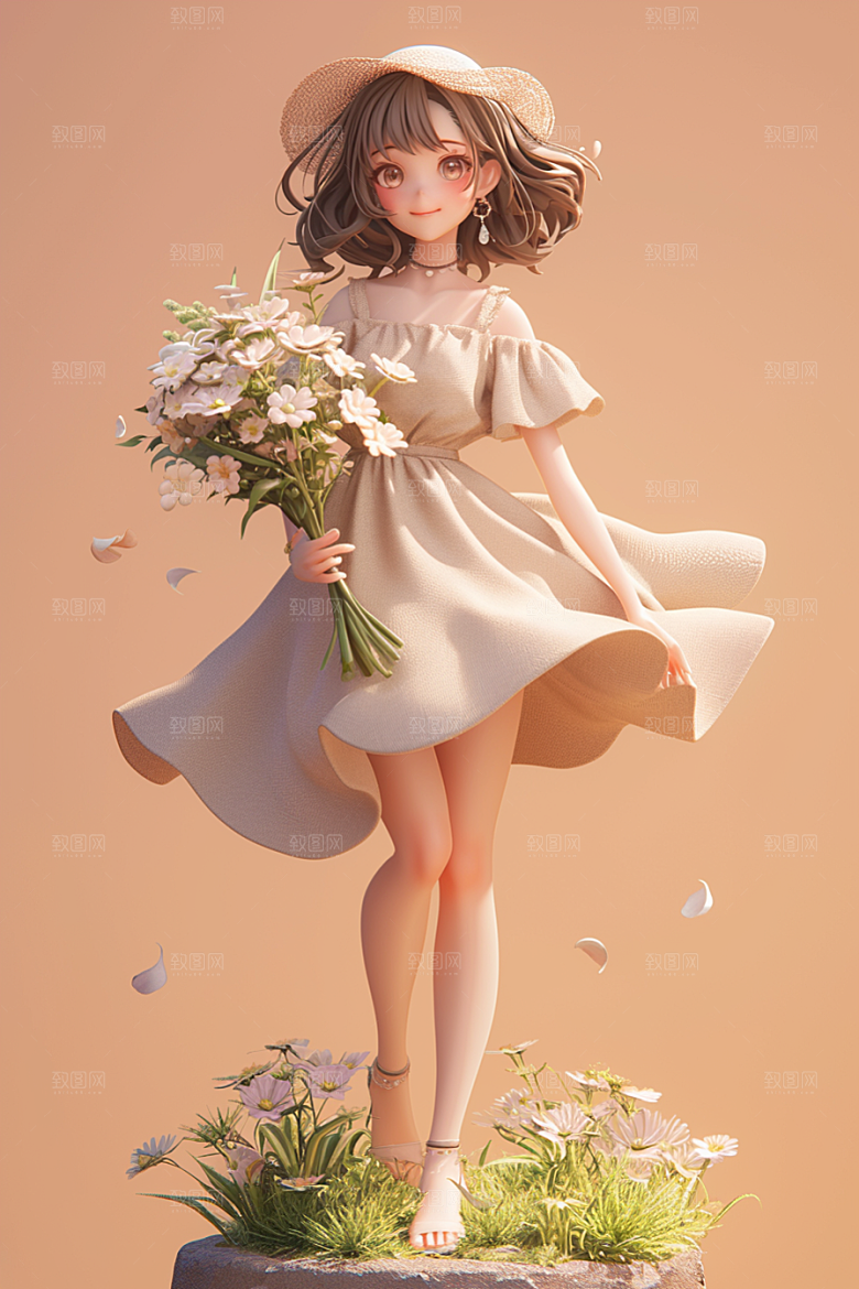 手捧鲜花的少女自然梦幻素材