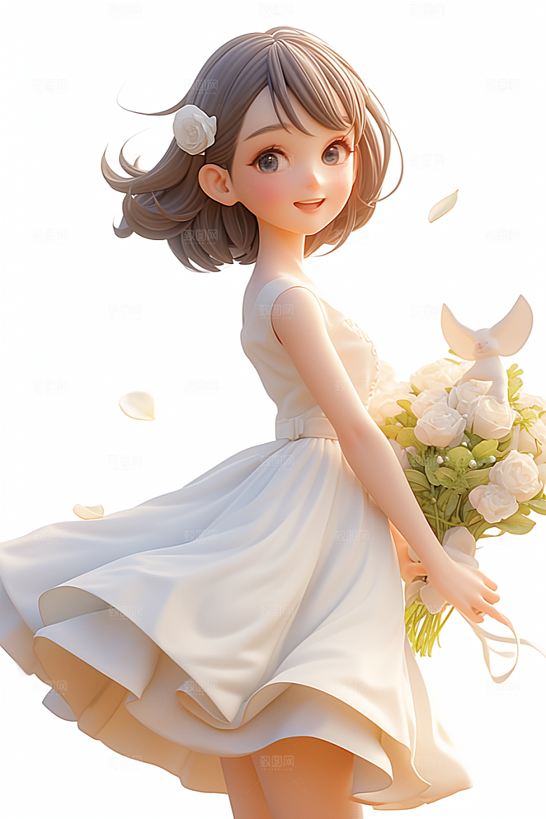 手捧鲜花的少女肖像3D素材
