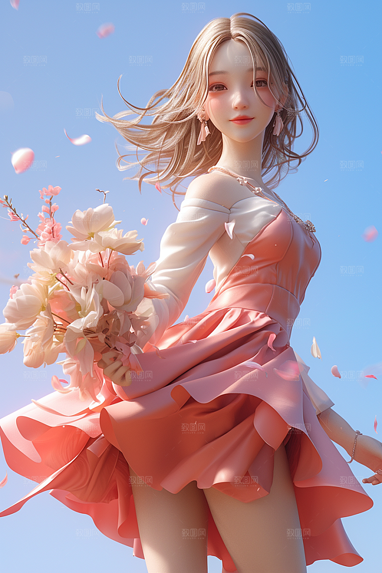 手捧鲜花的少女梦幻肖像素材