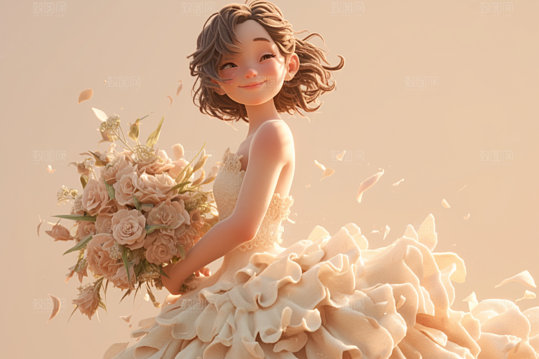 手捧鲜花的少女春天模型素材