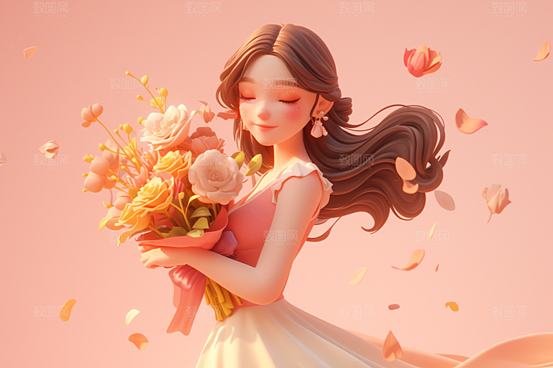 手捧鲜花的少女立体模型素材