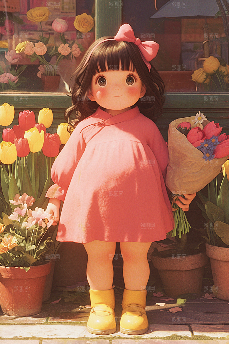 手捧鲜花的少女清新3D素材