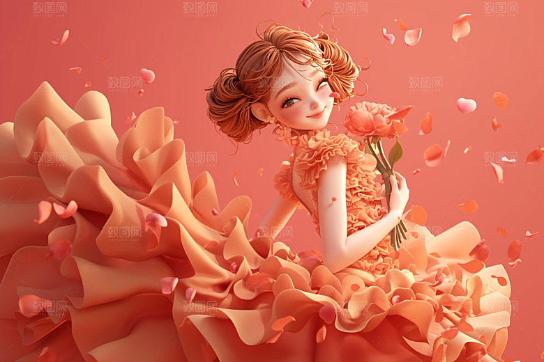 手捧鲜花的少女3D唯美素材
