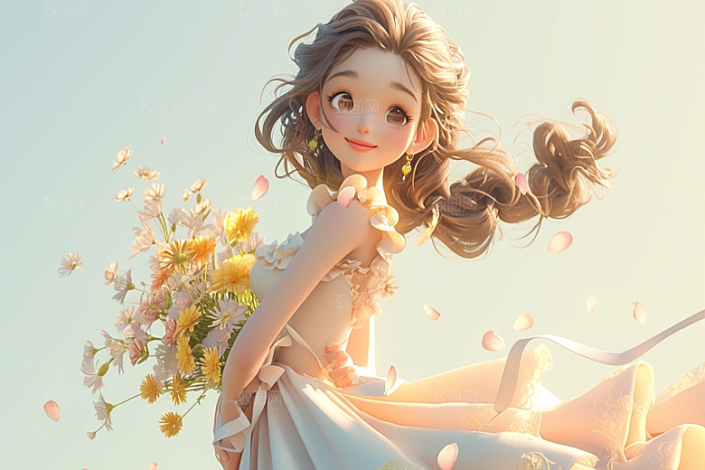手捧鲜花的少女唯美肖像素材