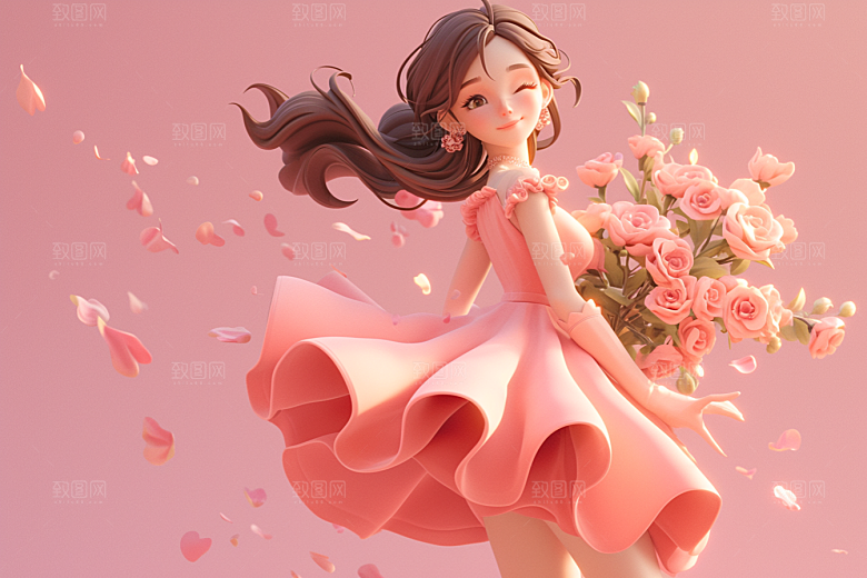 手捧鲜花的少女唯美立体素材