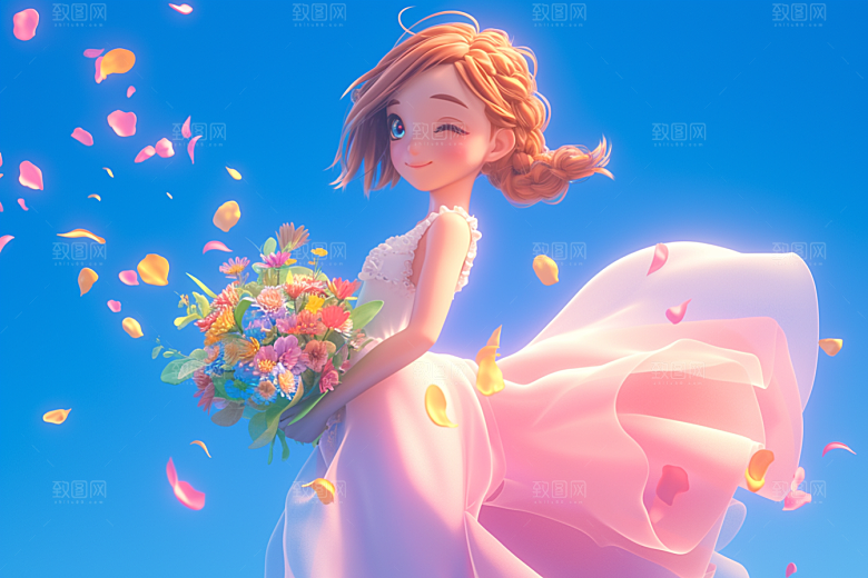手捧鲜花的少女春天梦幻素材