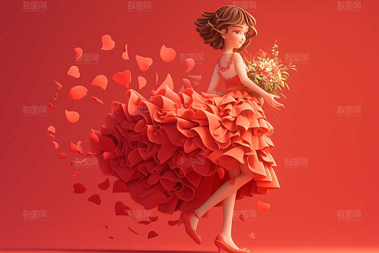 手捧鲜花的少女立体自然素材