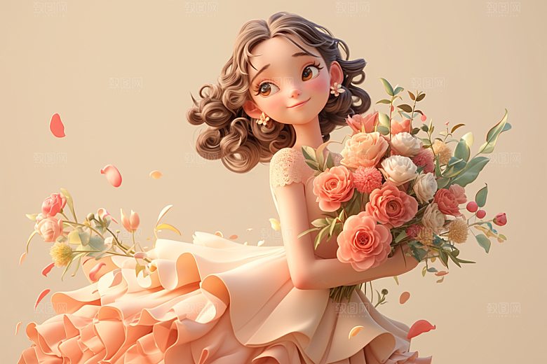 手捧鲜花的少女立体飞舞的裙摆素材