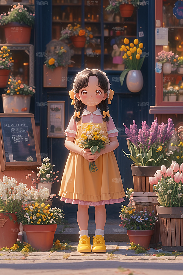 手捧鲜花的少女烂漫肖像素材