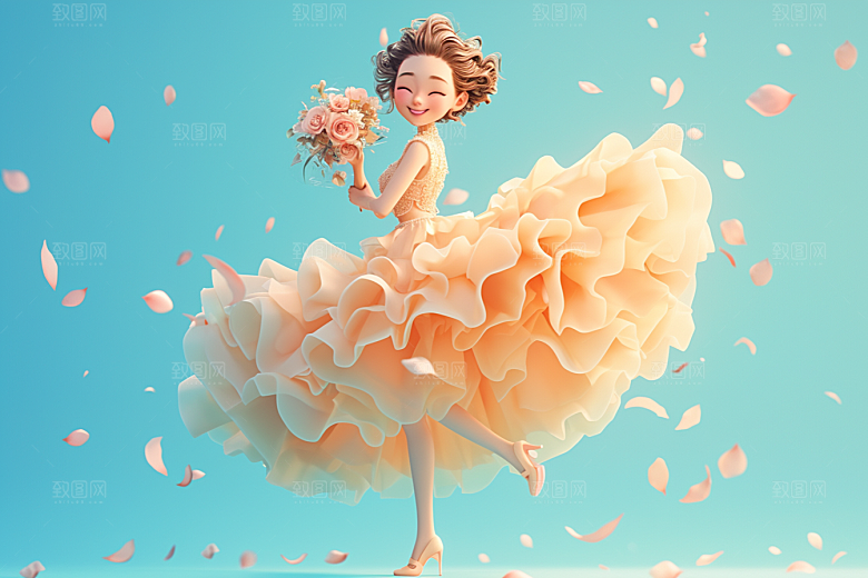手捧鲜花的少女唯美人物素材