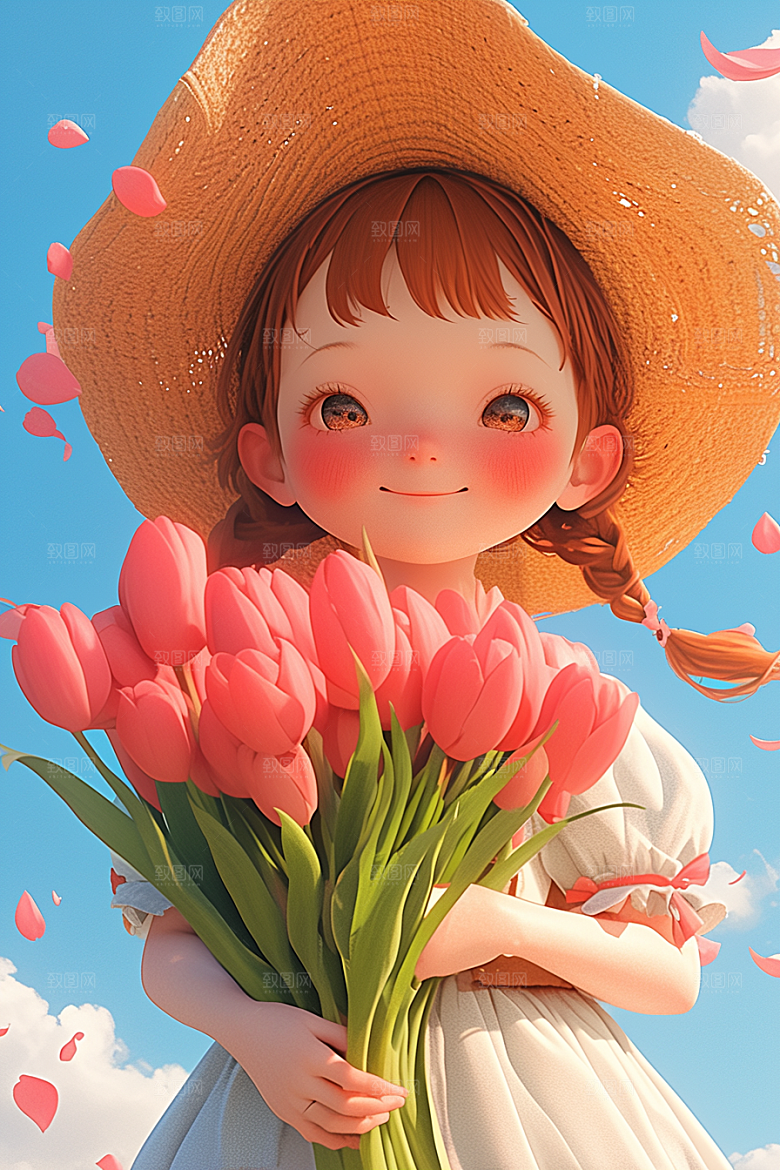 手捧鲜花的少女烂漫花朵素材