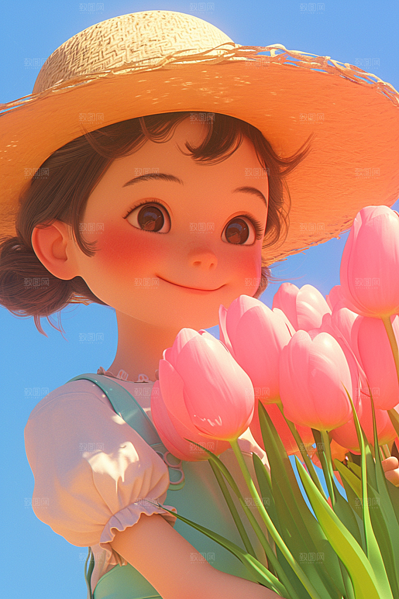 手捧鲜花的少女青春肖像素材