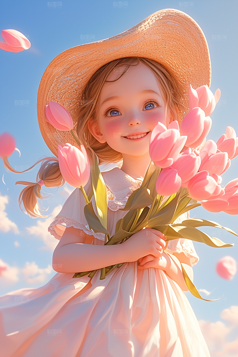 手捧鲜花的少女自然3D素材