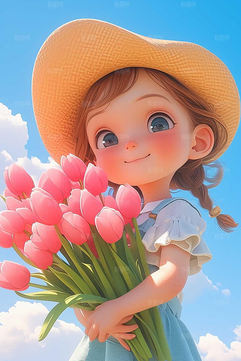 手捧鲜花的少女花朵人物素材
