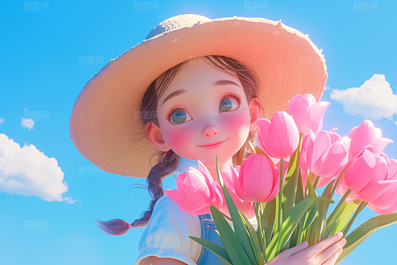 手捧鲜花的少女肖像自然素材