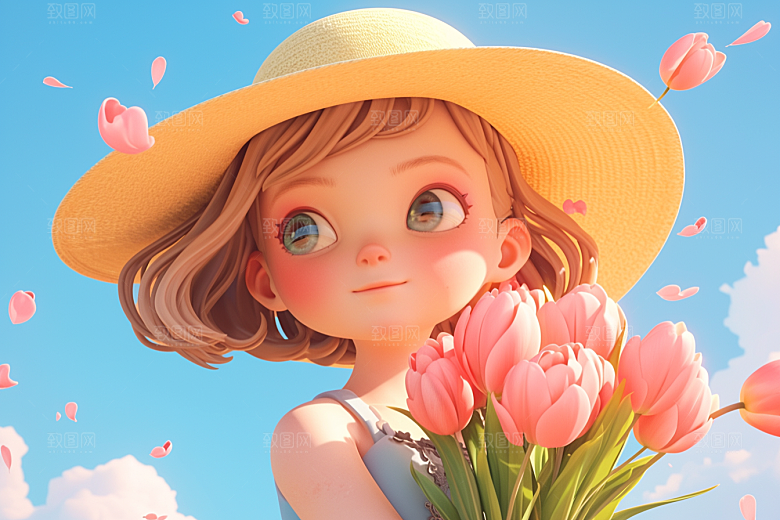 手捧鲜花的少女烂漫花朵素材
