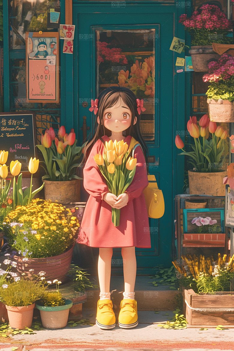 手捧鲜花的少女烂漫模型素材