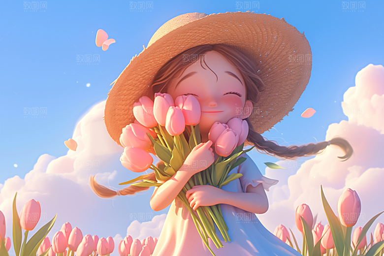 手捧鲜花的少女梦幻花朵素材