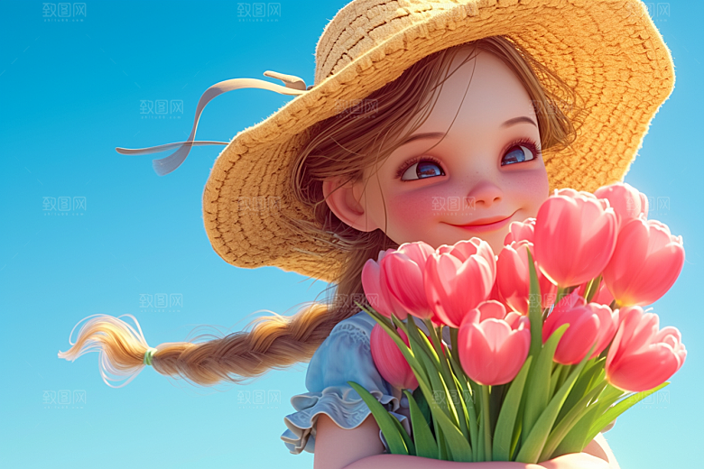 手捧鲜花的少女3D清新素材