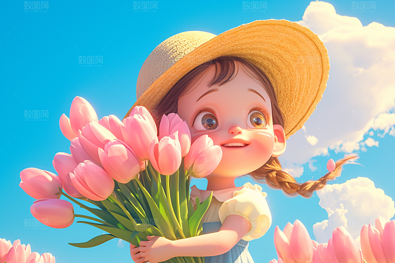手捧鲜花的少女唯美青春素材