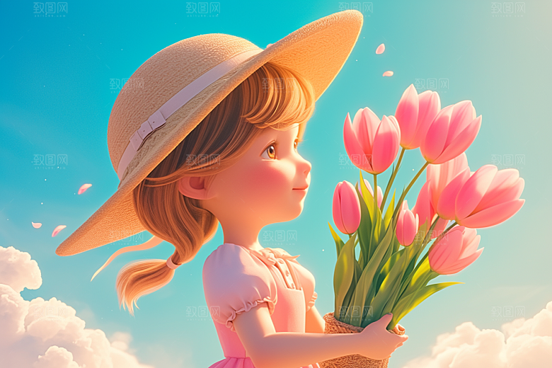手捧鲜花的少女立体清新素材