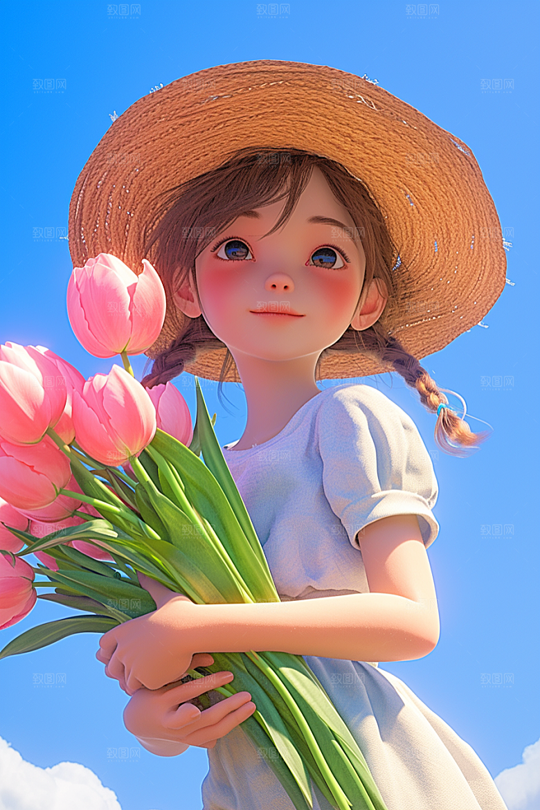 手捧鲜花的少女自然模型素材