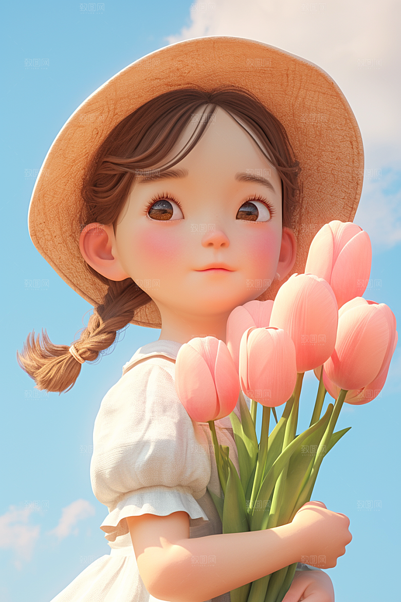 手捧鲜花的少女3D花朵素材